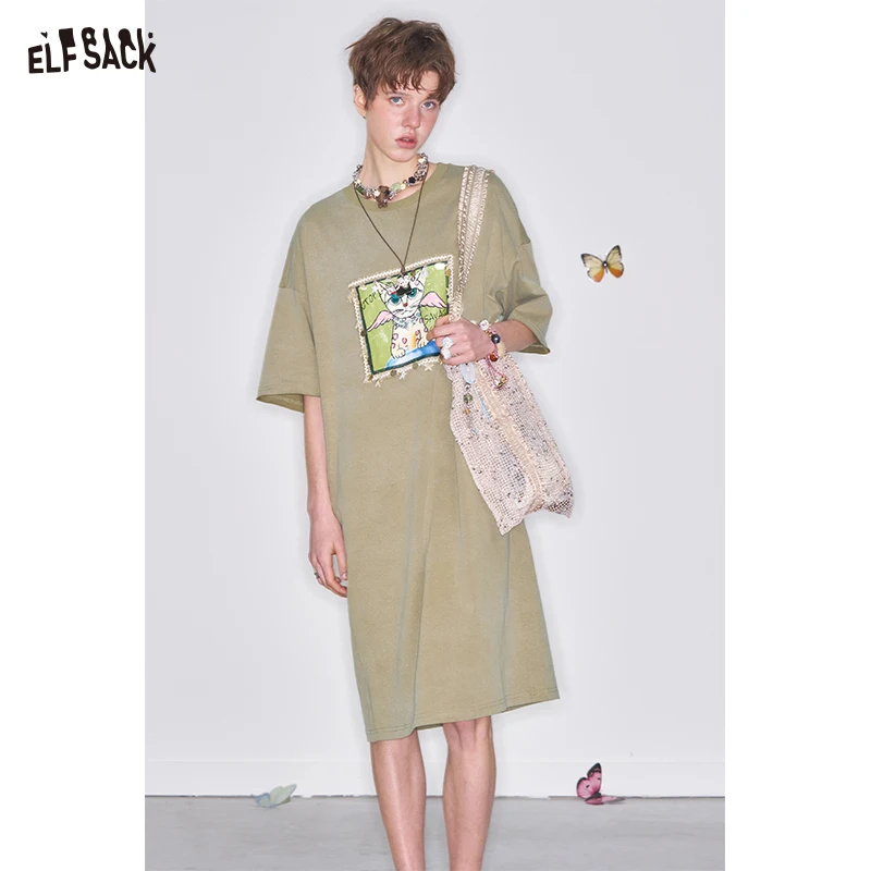 Elfsack 2025 春の新着 Y2K 漫画プリント半袖 Tシャツドレス女性ルーズカジュアルロングドレス