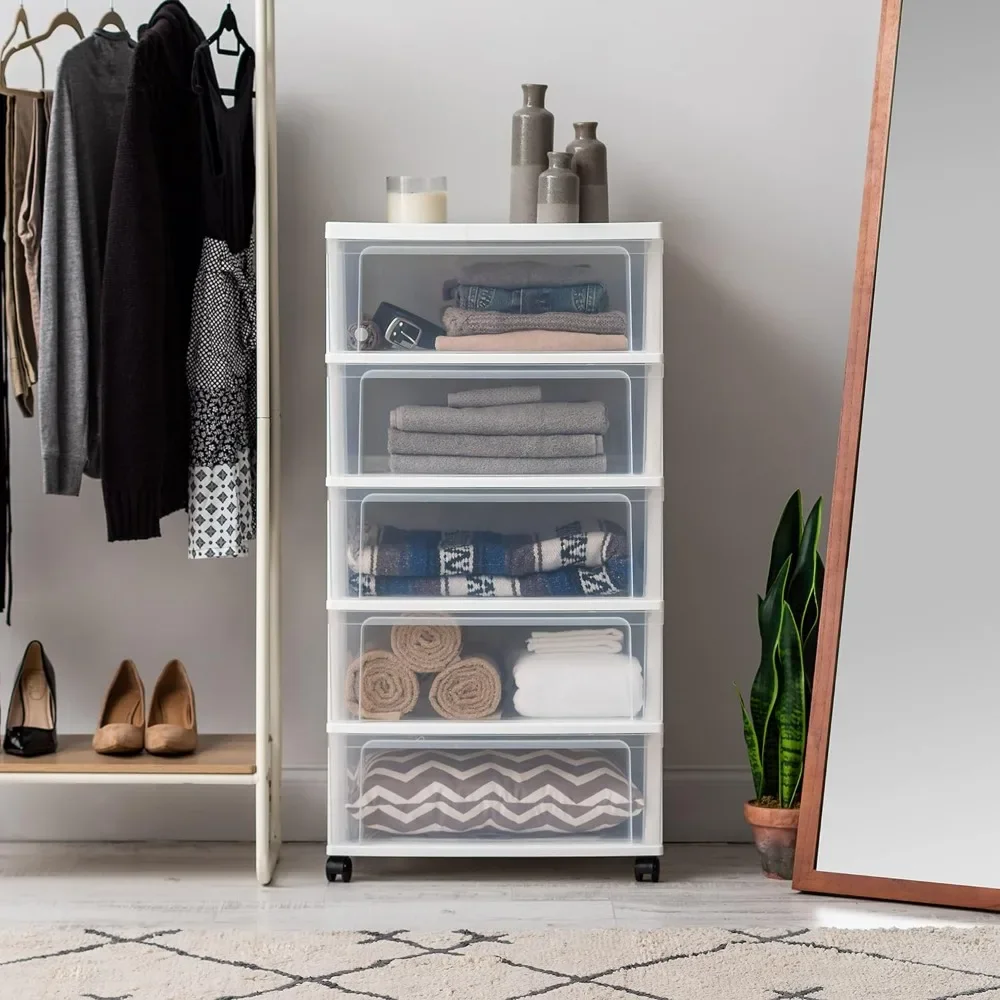 5-Drawers, for Classroom Art Craft Supplies Dresser Closet Bathroom Dorm Bedroom Laundry Room, Wide, White/Clear