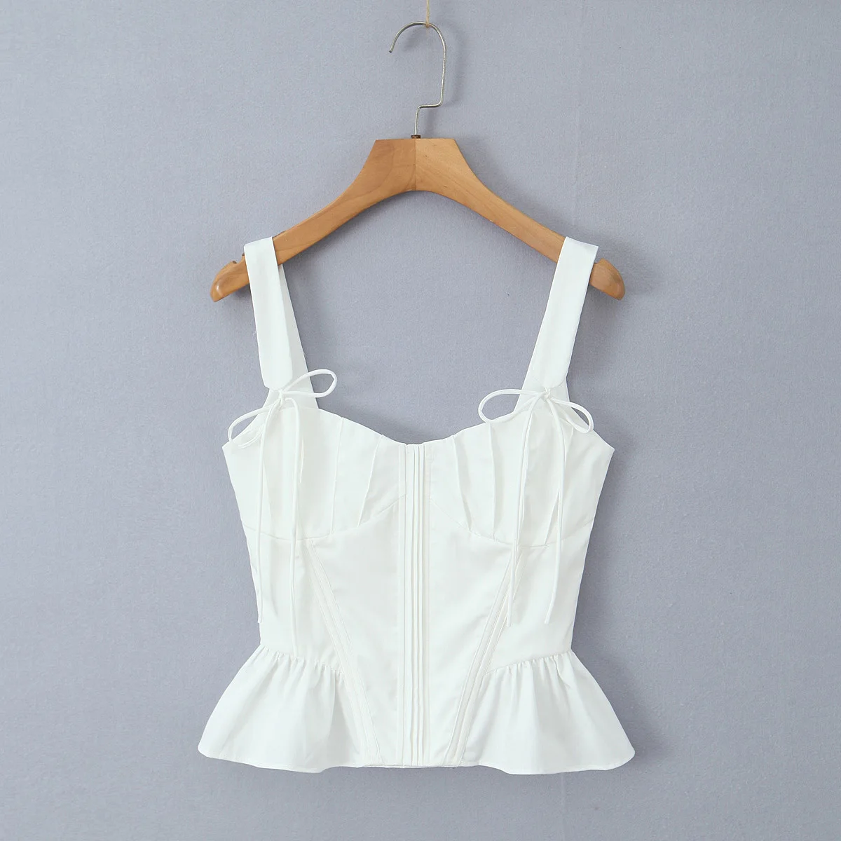 2024 White V Collar Ribbon Bow Strap Sexy Corset Women Summer Tank Tops Pleated Ruffles Hem Crop Top