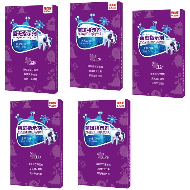 Y-Kelin Dental Disclosing Plaque Tabletten Detectiemiddel Paars voor volwassen kinderen Tandenpoetsen (12/36/60 tabs) en 1/3/5 dozen