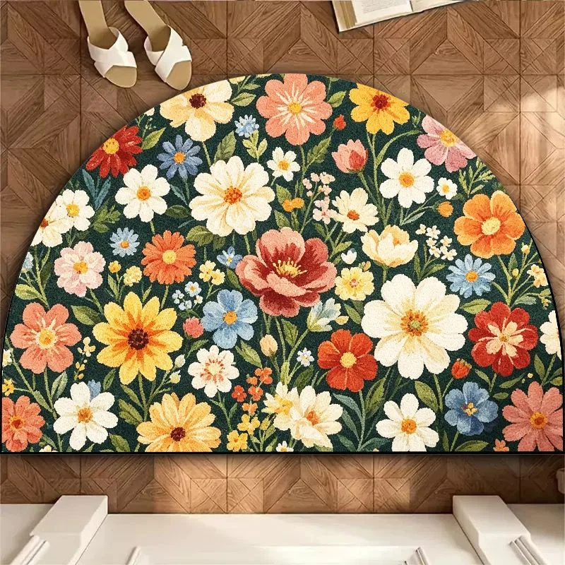 VIKAMA Half Round Retro European Painting Flower Window Marble Mat, Non-Slip Entrance Rug for Foyer & Bathroom, Classic Decor