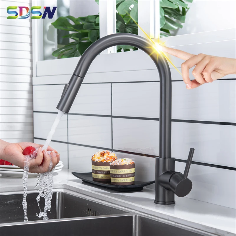 

Grey Sensor Touch Kitchen Faucets Quality Stainless Steel Gray Pull Out Kitchen Mixer Tap Smart Hot Cold Touch Kitchen Sink Tap