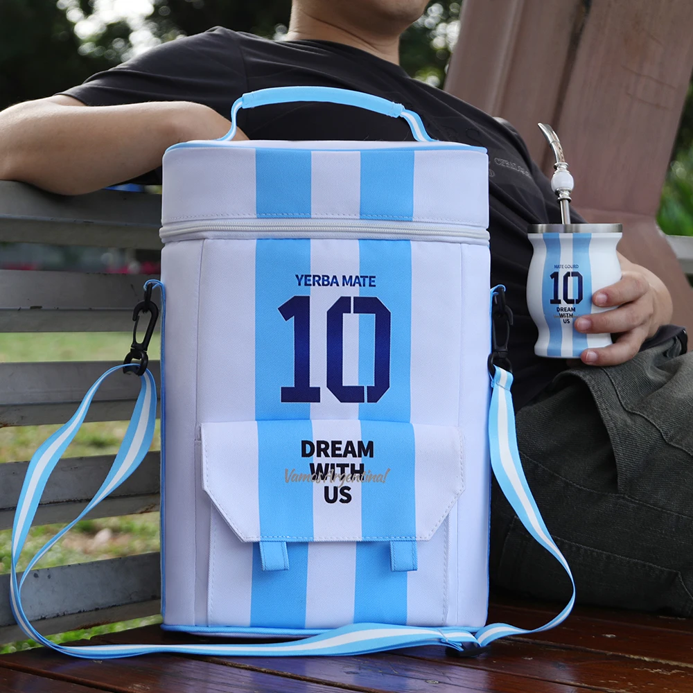 CUOPRU Argentina Football Captain No.10 Style Matera Bag, Premium Waterproof 2 Wine Bottle Pockets Portable Bag for Mate