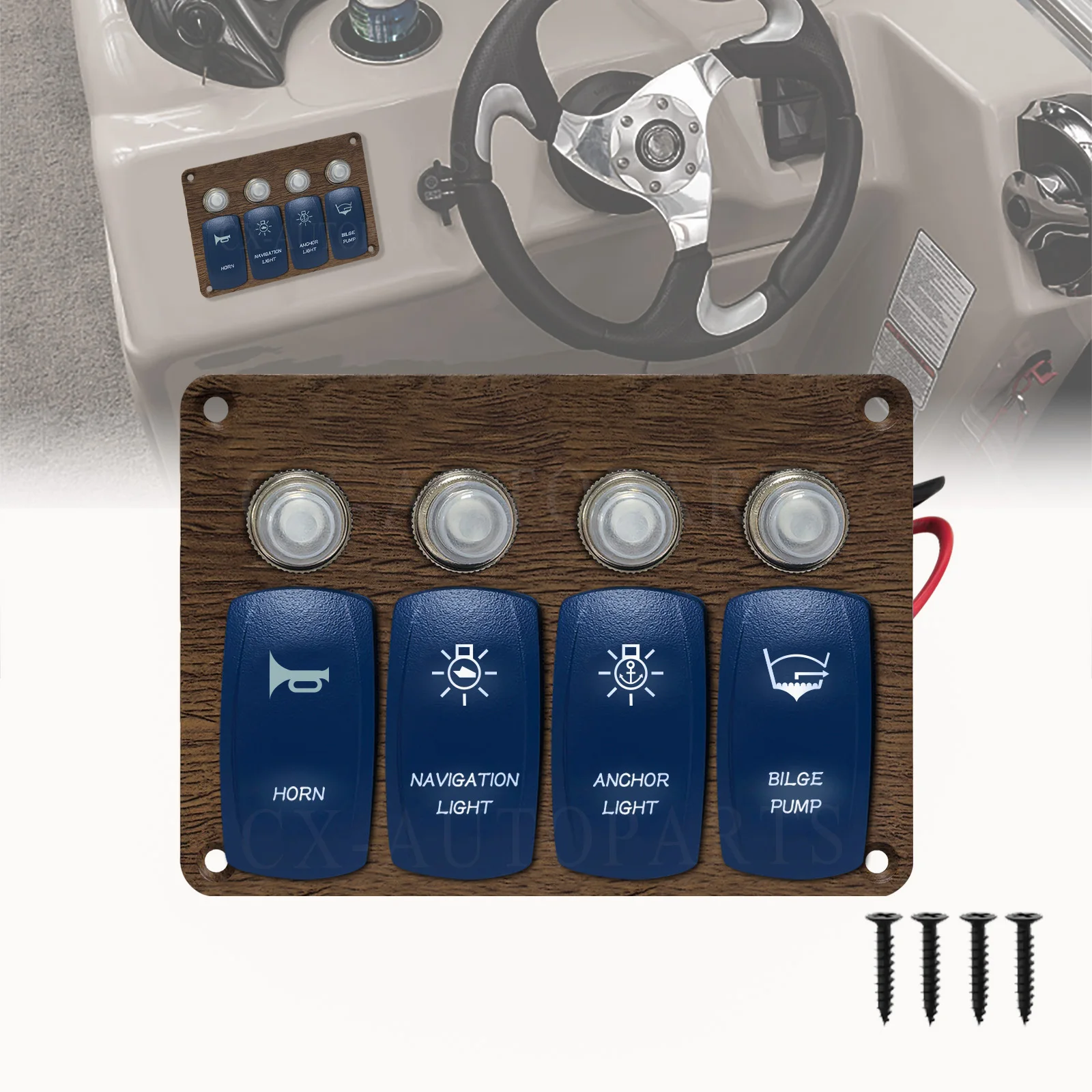 

4 Gang Waterproof Marine Rocker Switch Panel 12V/24V ON-OFF SPST 20A White LED Horn Navigation Anchor Light Bilge Pump for Boat