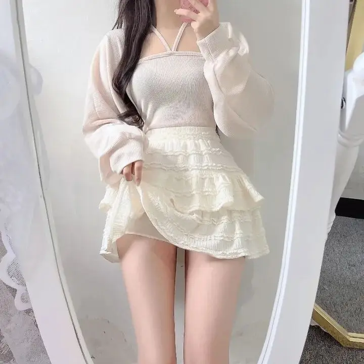 

Chic Sweet Ballet Lace Trim Cake Skirt High Waist Half Body Puffy Short Skirt Design Sense Women's High Waist Polyester Fiber