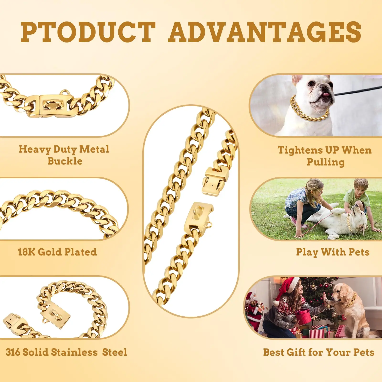 Stainless Steel 19MM Gold Dog Chain Collar Chew Proof Pet Chains Collars for Large Dog