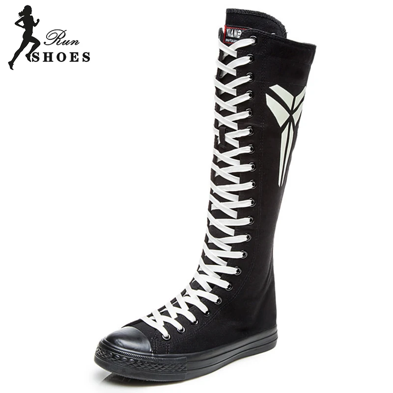 Women Knee-High Long Equestrian Boots Slim Cross-tied Luminous Fluorescent Canvas Punk Round Toe Ladies Cheerleaders Dance Shoes