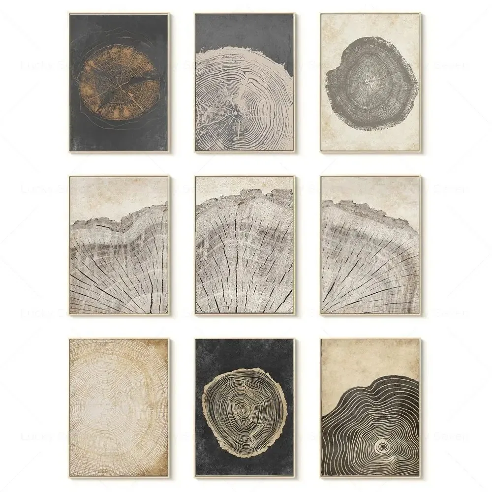 Grunge Wood Tree Rings Abstract Canvas Print Nordic Poster Wall Art Minimalist Modern Art Boho Living Room Decor Wall Picture