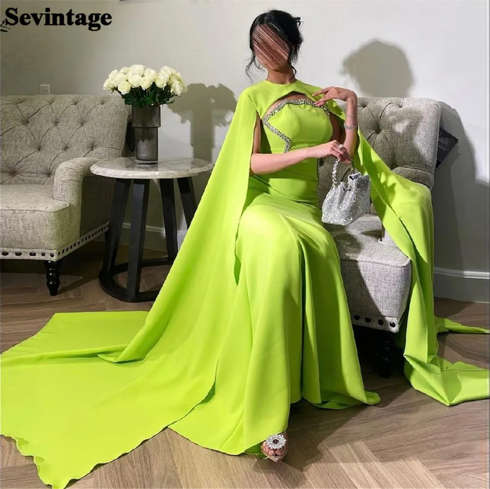 

Sevintage Brilliant Green Saudi Arabic Evening Dress Strapless Long Cape Sleeves Prom Side Slit Dresses Robe de soirée for women