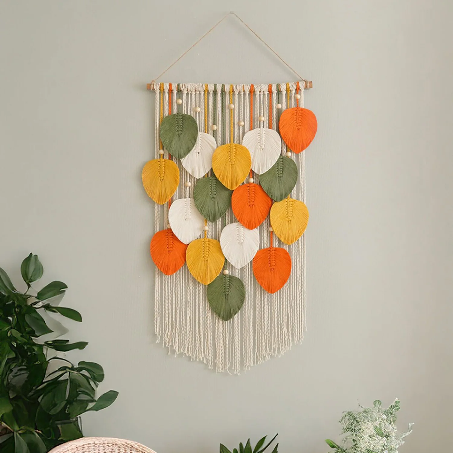 New Bohemian Leaf Pattern Wall Hanging Tapestry Handheld Rod Nursery Bedroom Wall Decor Cotton Fabric Leaf Design Wall Tapestry