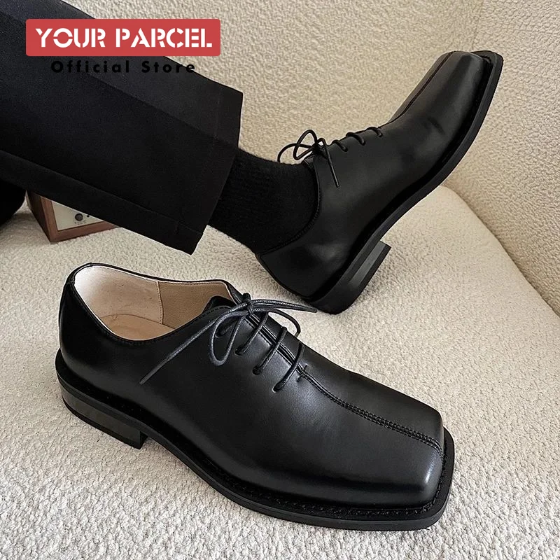 Zapatos planos de cuero con punta cuadrada para hombre, versión coreana, estilo británico, se pueden combinar con un traje, zapatos Derby retro