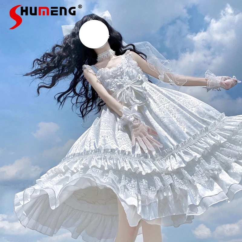

Original Sweet Girls Lolita Suspender Dress Summer Women's Slim-Fit Cute Bow Lace Ruffles Edge Cos Dresses Fairy Dress Vestidos