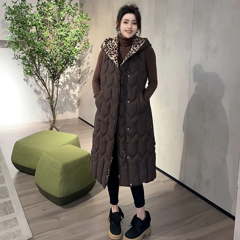 New Womens Down Cotton Vest Coat Long Autumn Winter Cold Warm Padded Vest Jacket, Fashion Female Hooded Parker Waistcoat 4XL 5XL