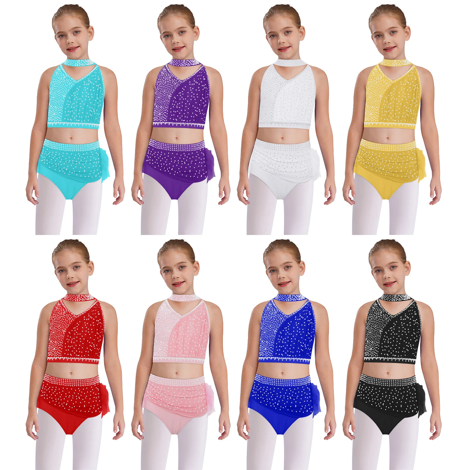 Tenue de patinage artistique pour enfants filles, Costume de gymnastique de Ballet de danse latine Jazz, haut court sans manches avec strass et slip en plumes