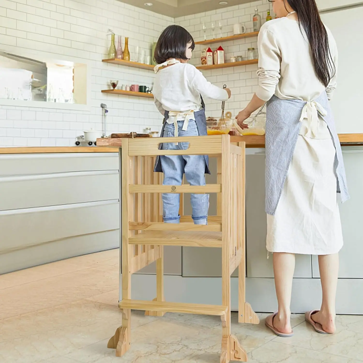 Kitchen Step Stool Helper - Montessori Standing Tower for Toddlers with Safety Rail, Height Adjustable Ideal