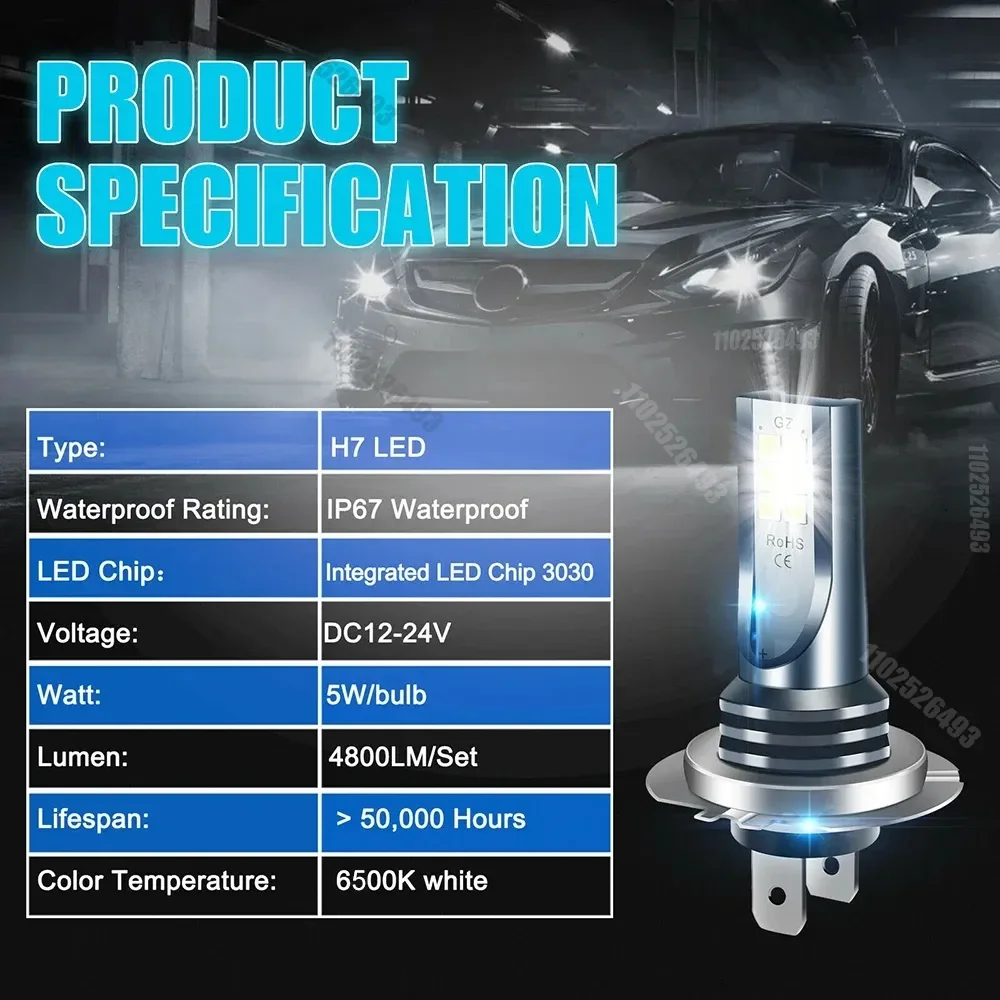 차량용 LED 헤드라이트 전구 키트, 하이 로우 빔, 30000lm, 매우 밝은 6500k, 백색 LED 조명, H4, H7, 4 개, 신제품