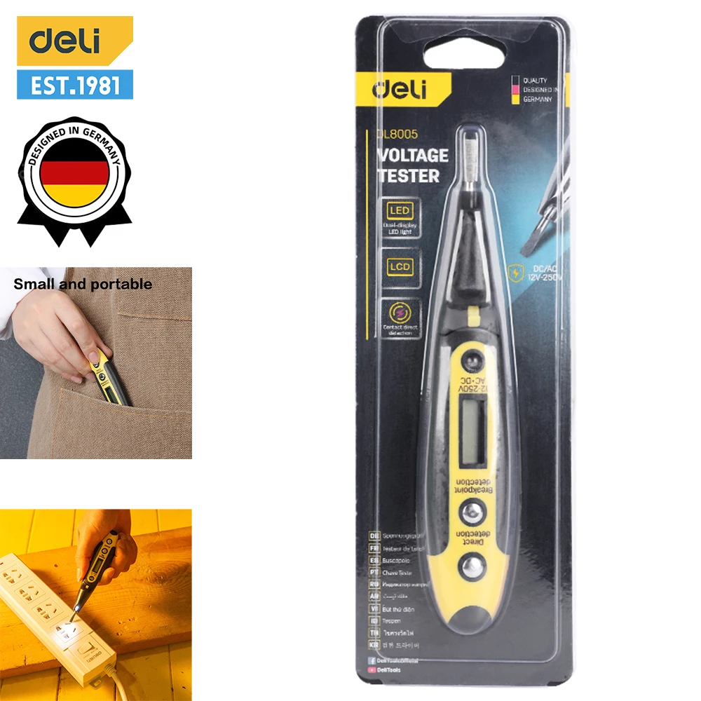 

Deli Digital AC DC Voltage Tester Pen Smart Electric Pen Voltage Indicator Wall Plug Voltage Detector Electrician Tools