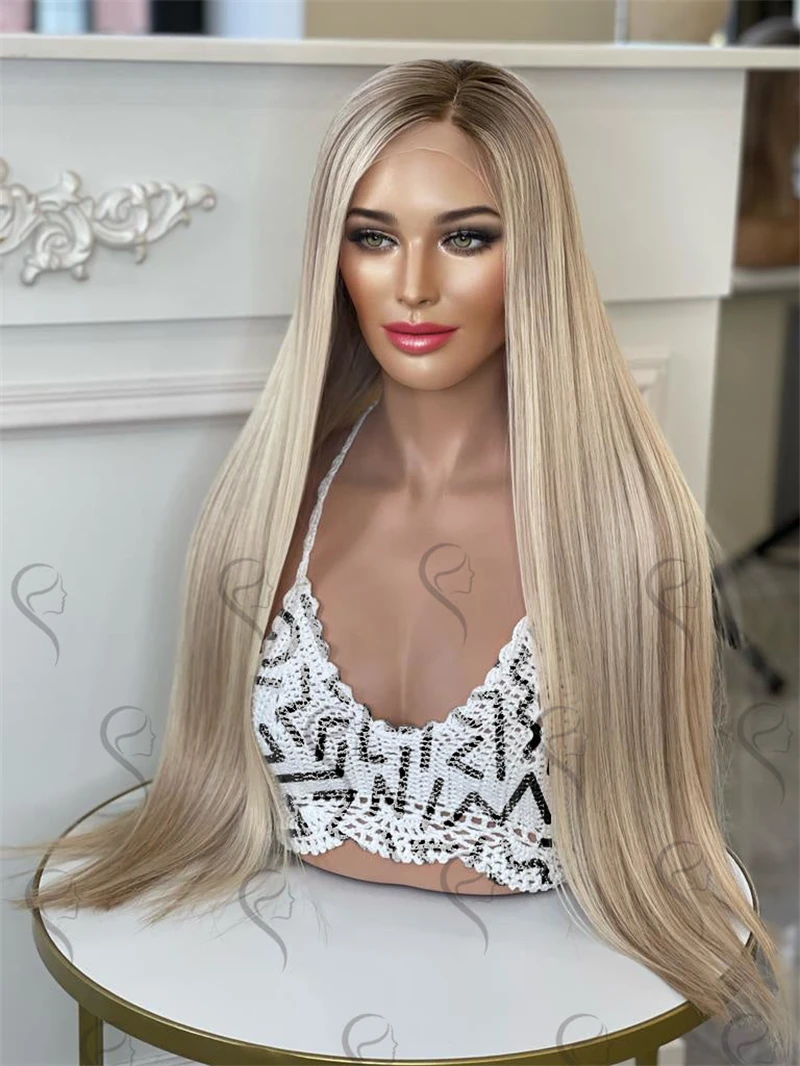 Peruka syntetyczna o długości 30 cali, super długa, prosta, ombre popielaty blond, peruka typu lace front, peruki HD o wysokiej gęstości dla kobiet, peruka damska do cosplayu.