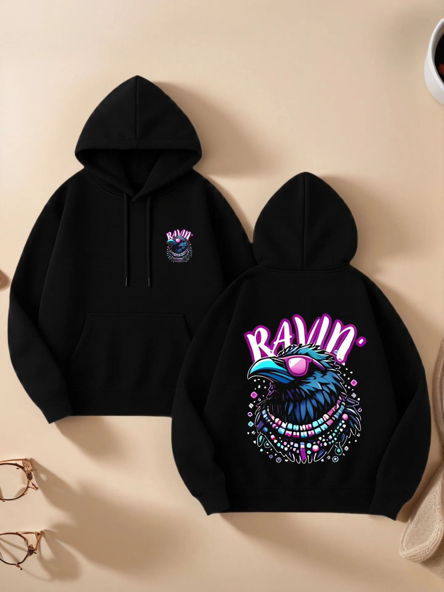 

Graphic Hoodie Women, Raven Graphic Print, Y2K Style, Soft Fabric, Casual Everyday Wear, For Teens