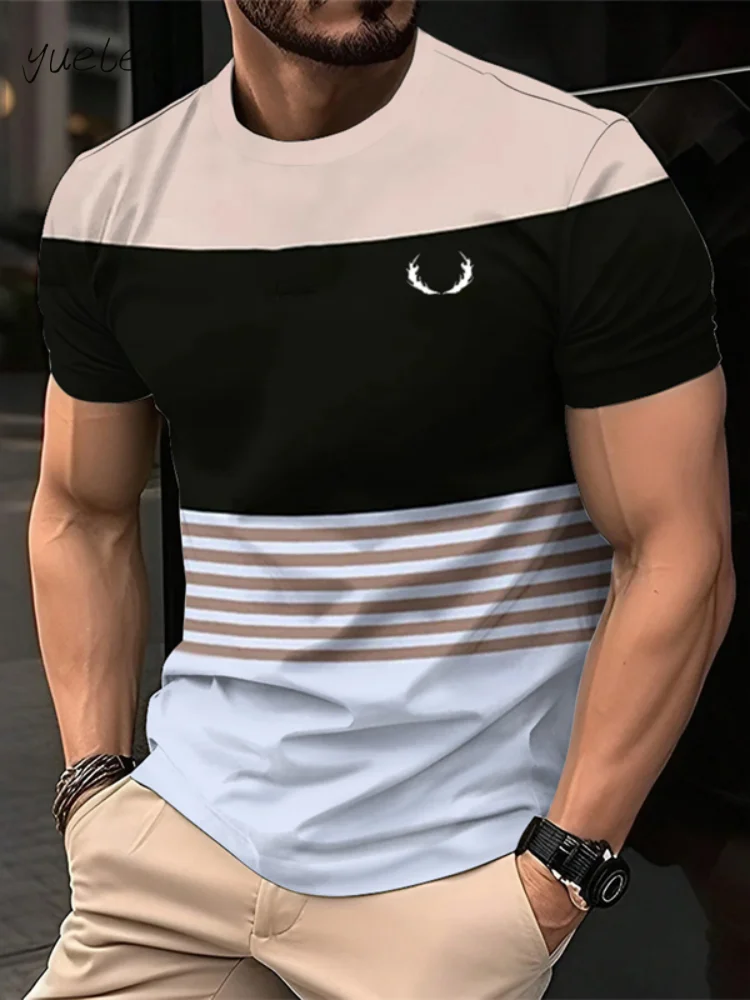 

Fashion Striped Printed Men's T-Shirt Summer Breathable Short Sleeve Men's Clothing Daily Versatile Casual Loose O-Neck Men Tops