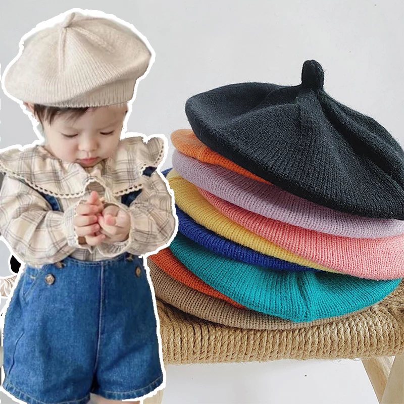 Baby Fashion Versatile Solid Color Soft Beret Kids Vintage Art Knitted Painter Hat Autumn Winter Outdoor Winter Warm Woolen Hats