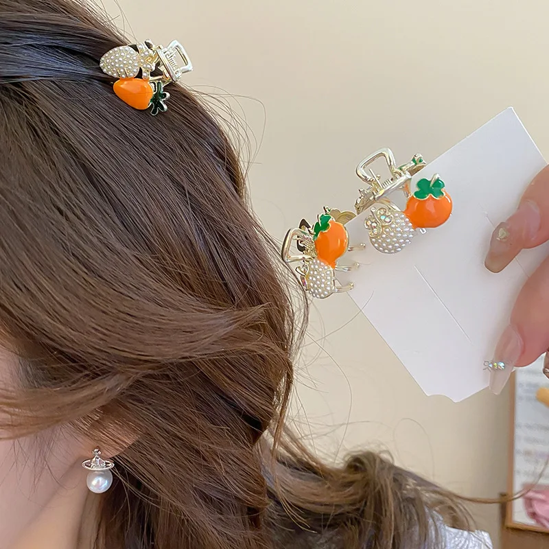 Sweet Oil-dropping Pearl Carrot Persimmon Shape Small Clip for Women Cute Side Clip Temperament Bangs Clip Hair Accessories