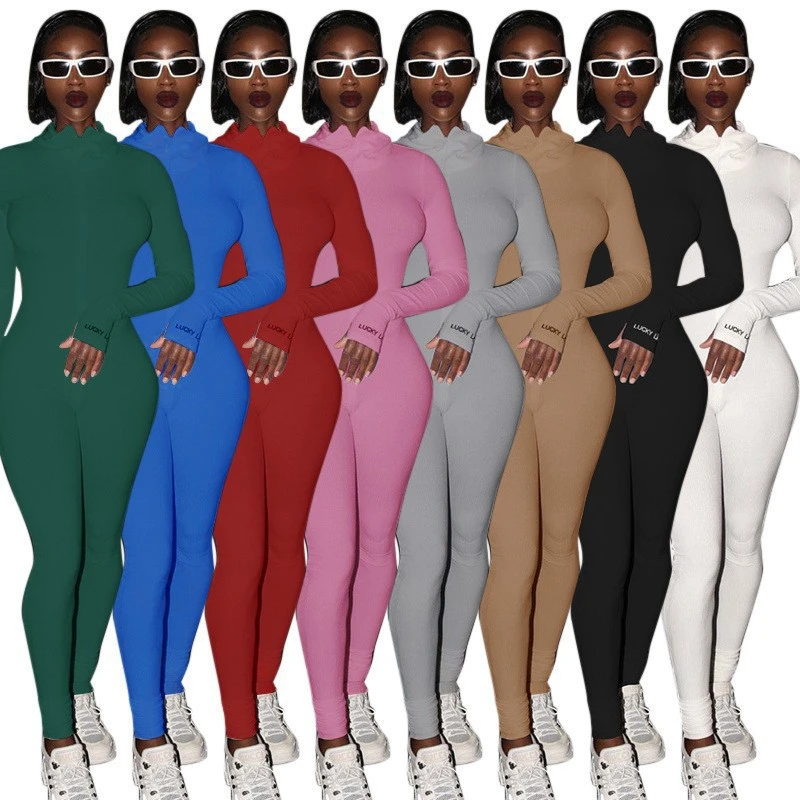 Ribbed Turtleneck Sport Wear Casual Jumpsuit Women Letter Embroidery Skinny Sexy Playsuit Female Fitness Rompers Overalls