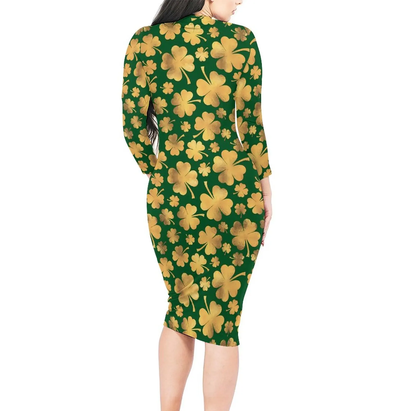 Gold Foil Shamrock Dress Long Sleeve Lucky Clovers Trendy Dresses Summer Women Streetwear Graphic Bodycon Dress Large Size