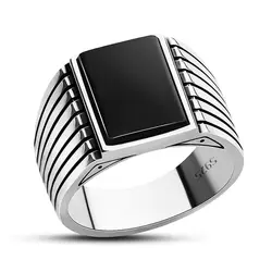 Wholesale Real 925 Sterling Silver Men Vintage Natural Black Agate Stone Handmade Fashion Rings Men Silver Ring