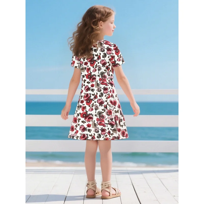 2025 Girls Fresh Style Floral Print, Short Sleeve Dress