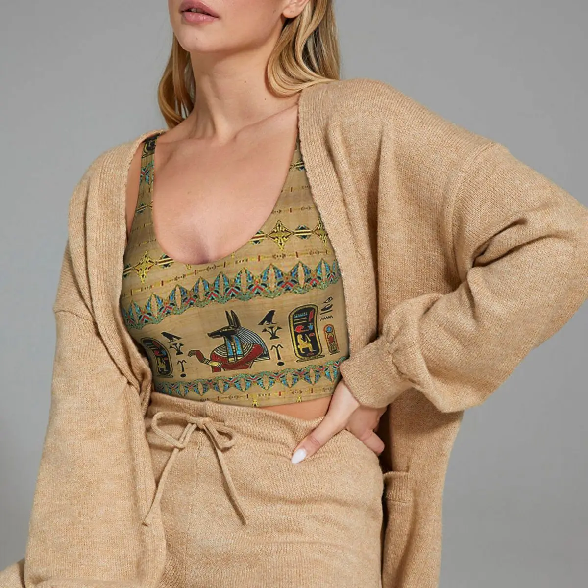 맞춤형 이집트 아누비스 장식이 있는 파피루스 여성 스포츠 브라 하이 임팩트 베스트 짐 운동 요가 크롭 탱크탑