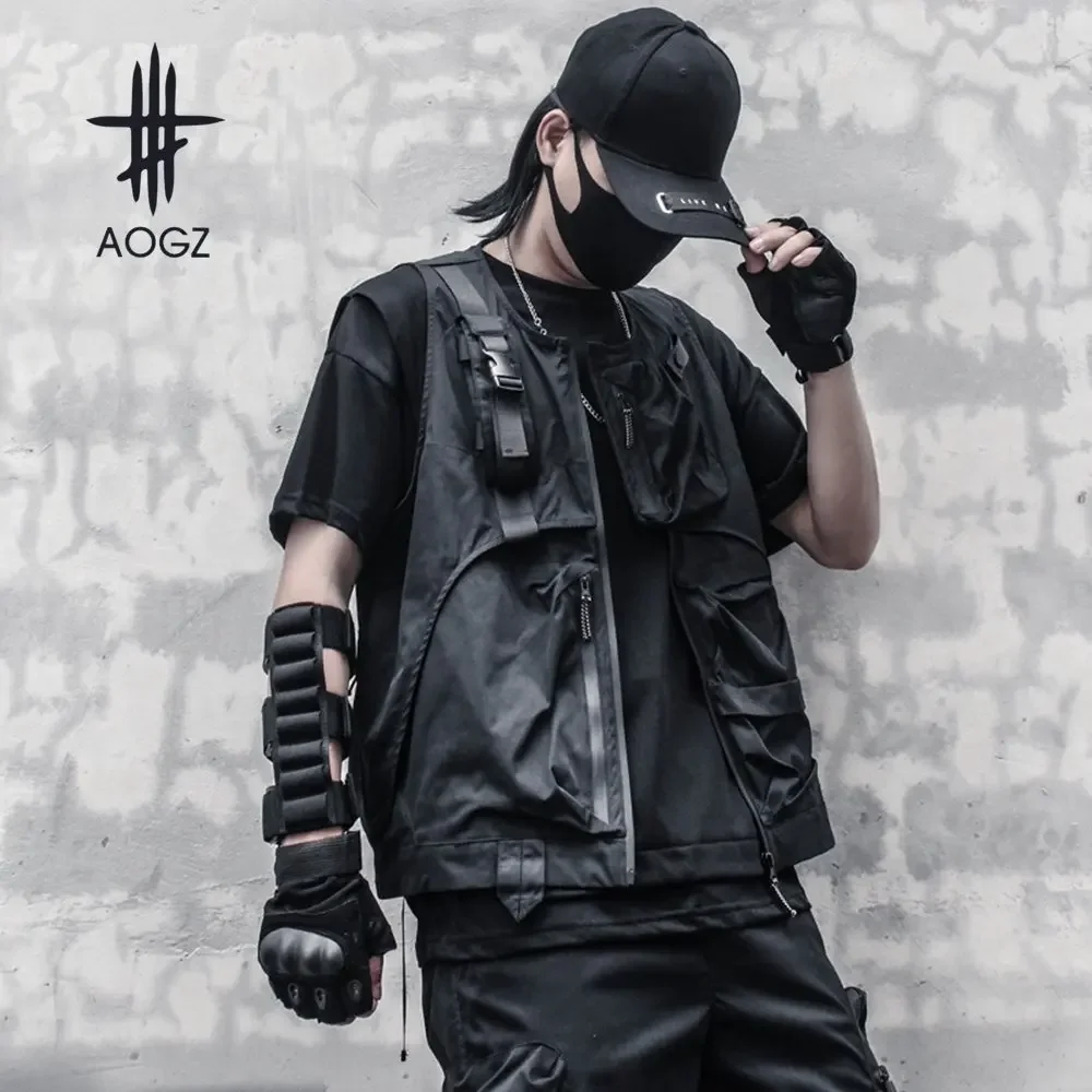 

AOGZ осенний жилет с несколькими карманами, мужская куртка-карго без рукавов на молнии, мужская функциональная байкерская жилетка с лентами, техническая одежда, темная одежда, свободная одежда