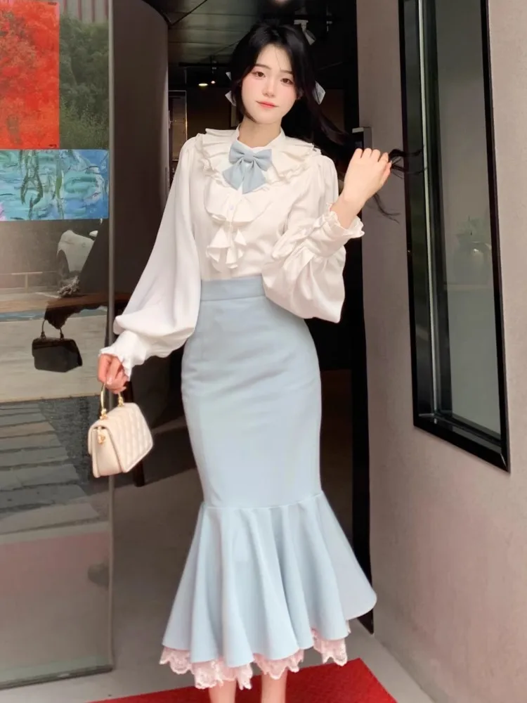 Autumn Women Elegant Shitr Skirt Two Piece Set Pull Sleeve Ruffles Bow Shirt +Bodycon Lace Patchwork Mermaid Midi Skirt OL Mujer