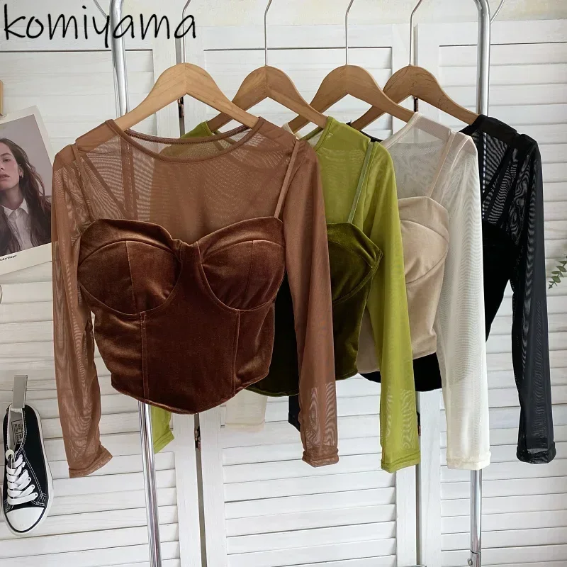 Mesh Ropa Mujer Spice Girl Camisetas O-neck Long Sleeve T Shirts Bottomed Clothes Autumn 2024 New Tops Tees with Velour Camis