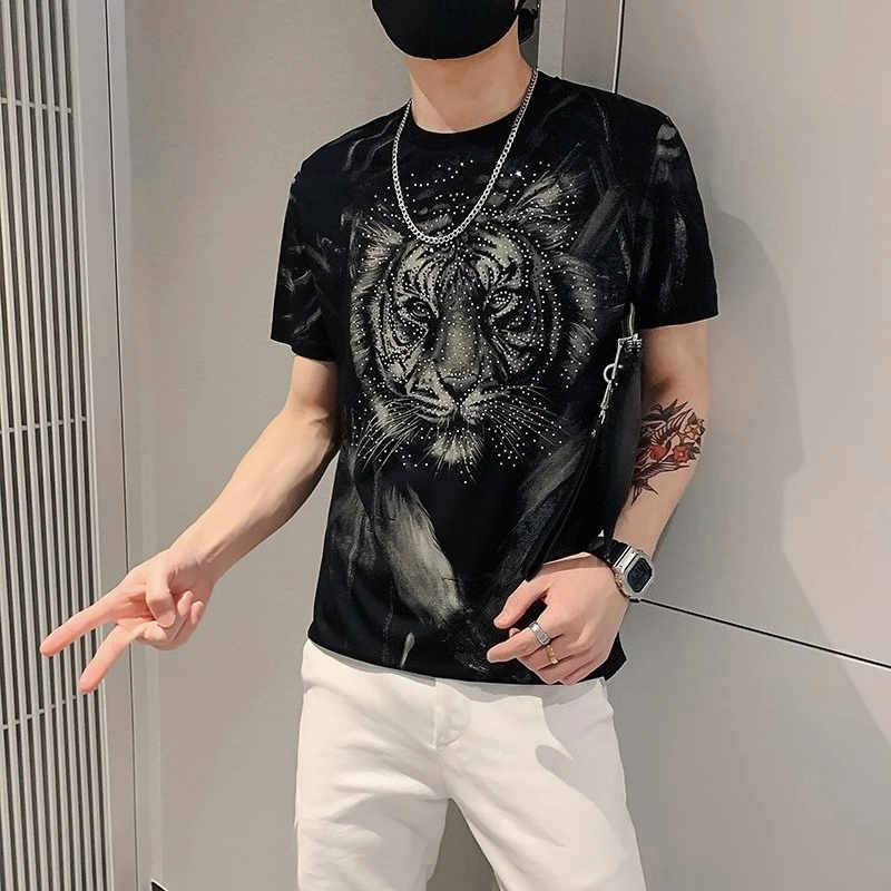 Fashionable Men's Tiger Print Tee with Crystal Studded Summer Short Sleeve Shirt Viral Street Style Comfortable Top