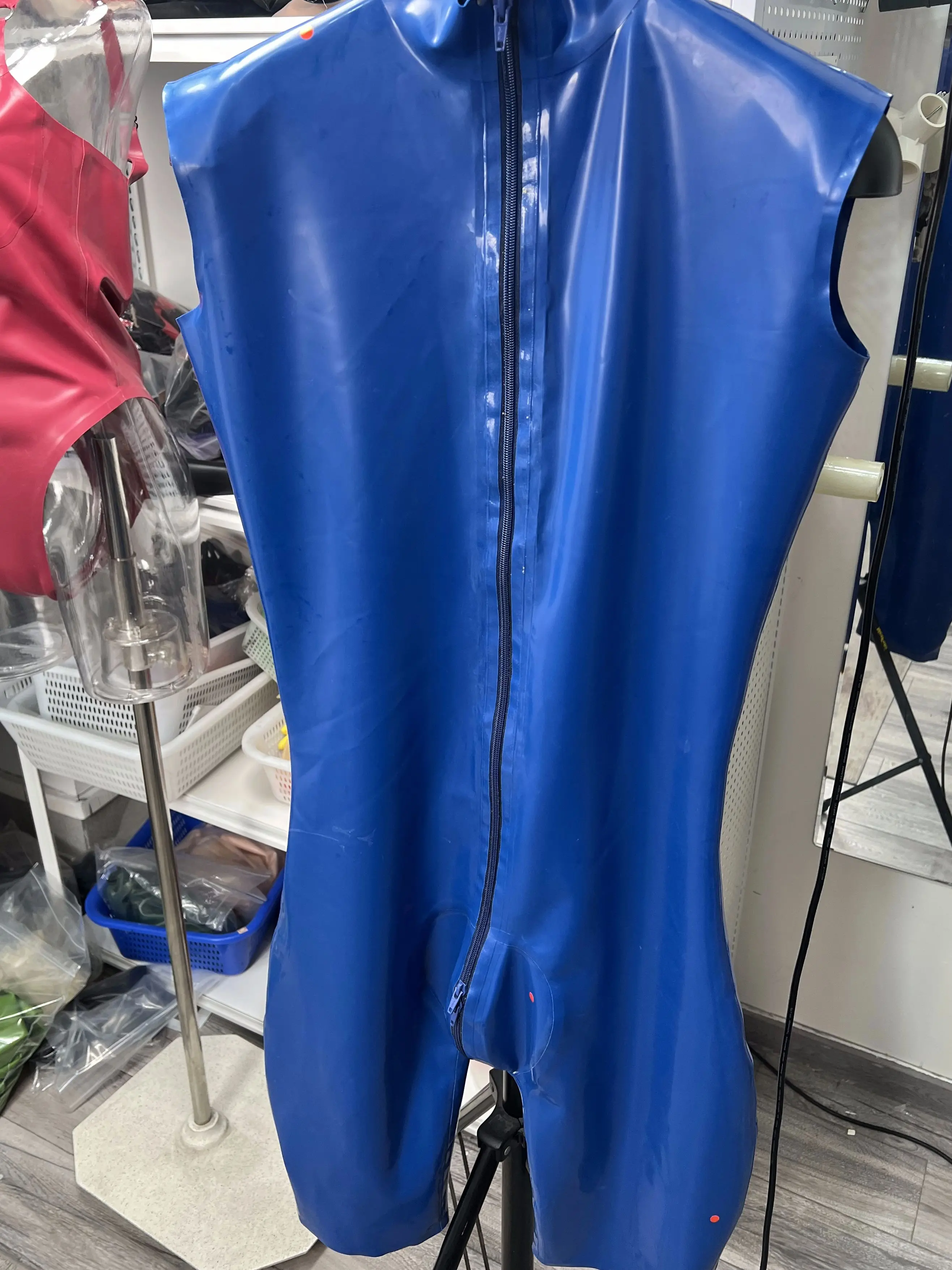 

Blue Natural Rubber Sleeveless Latex Bodysuit with Front Zipper Knee-Length Form-Fitting Catsuit Club wear