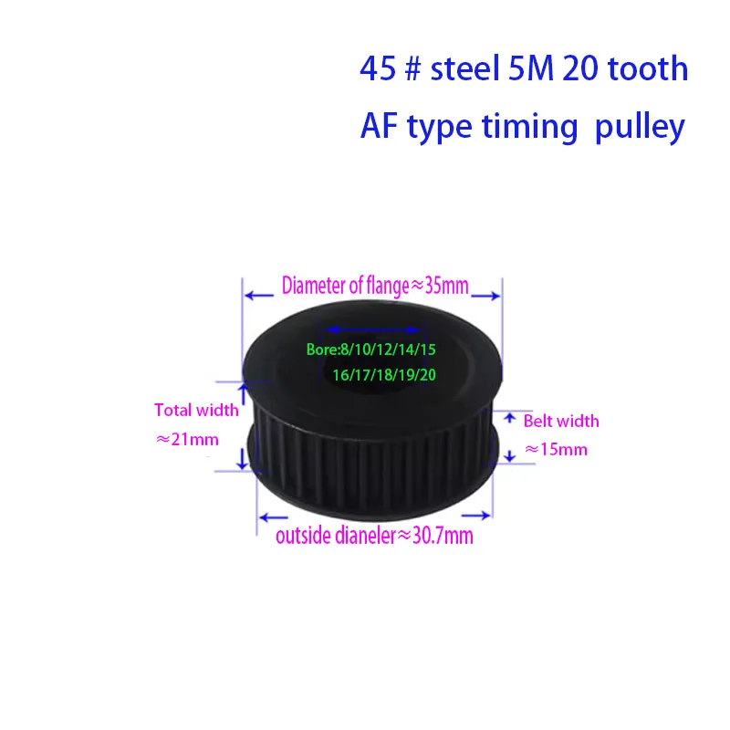 Poulie de synchronisation de type Syns.info, acier #45, 5m, 20 dents, alésage 8mm, 10mm, 12mm, 14mm, 15mm, 16mm, 17mm, 18mm, 19mm, 20mm, largeur de la courroie 15