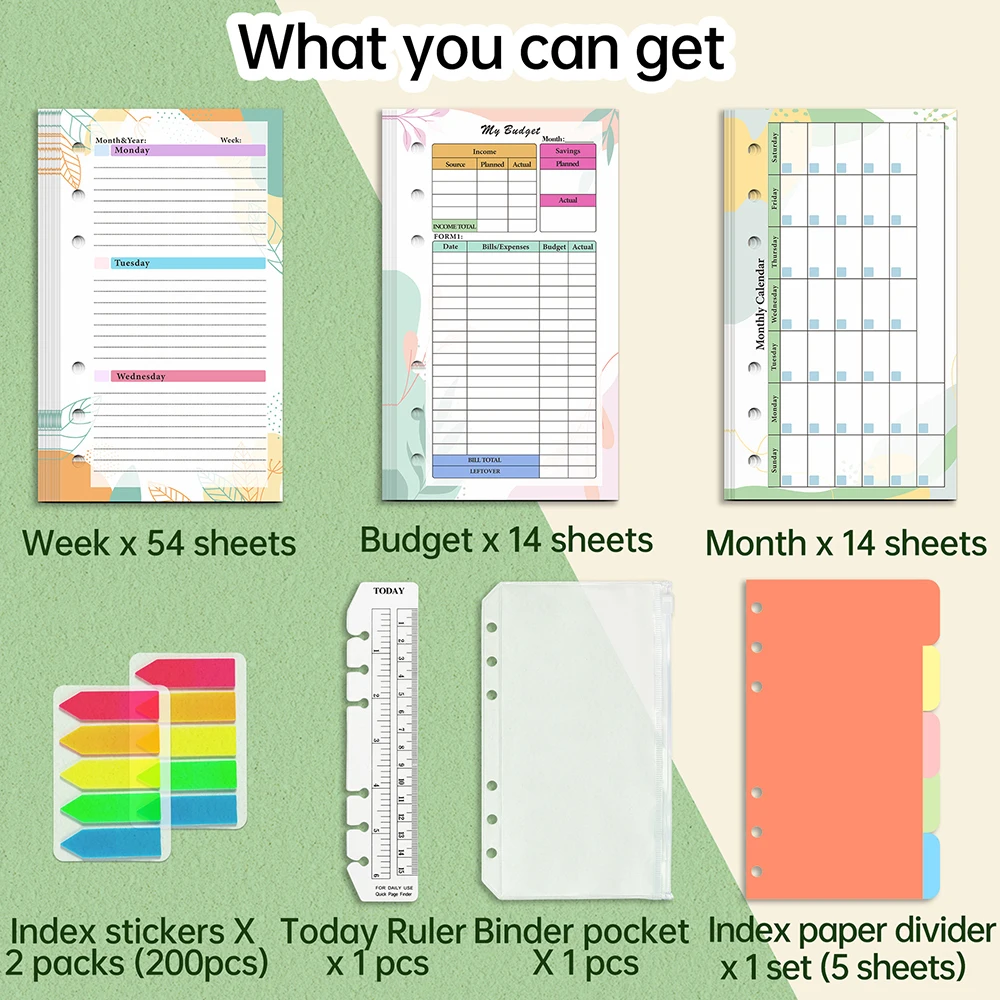 Cuaderno de papel de hojas sueltas de planta verde A6, 6 agujeros, recarga de hojas sueltas, planificador mensual semanal, página de presupuesto,