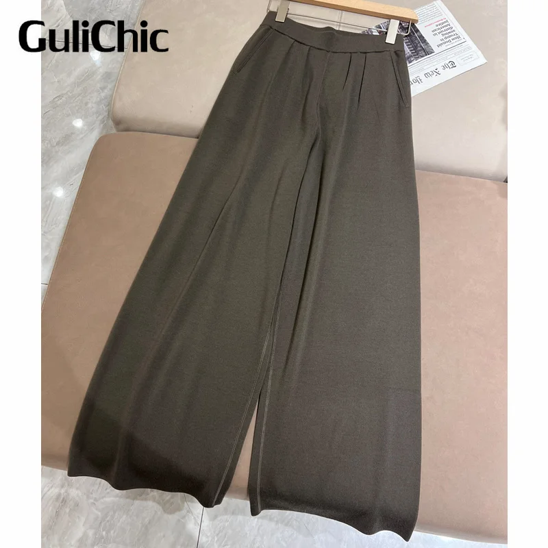 11.26 GuliChic Elastic Waist 100% Wool Wide LWg Pants Women Casual Loose Straight knitted Trousers