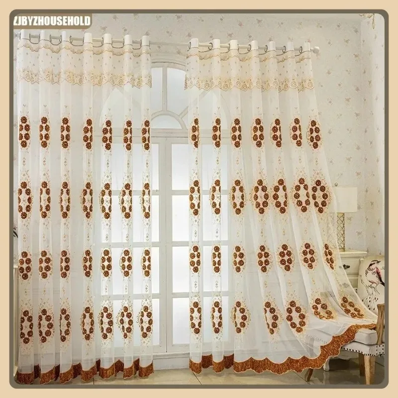 

Custom Size Luxury Embossed Handmade Stapled Beads Embroidered Floral Gauze Curtains for Living Room Bedroom Balcony White Tulle