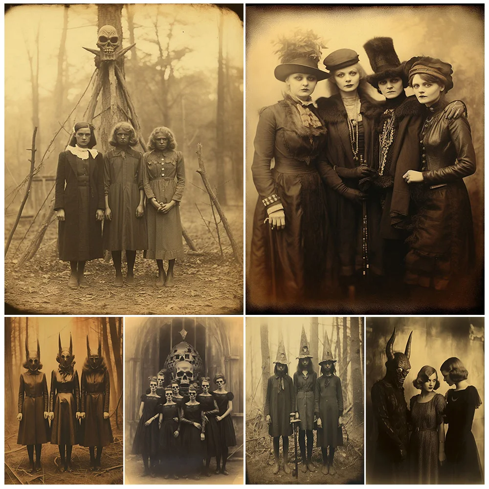 Pagan Witch Coven,Vintage Photography Art,Poster And Print,Mysteriou Witchcraft Magic Group Photo,Wall Art,Canvas Painting Decor