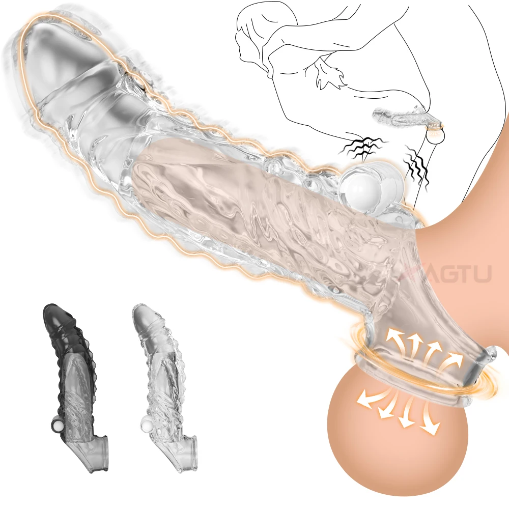 Reusable Penis Extender Dildo Silicone Sleeve Glans Delay Ejaculation Cockring Condom Vibrator For Men Couples Adult Sex Toys