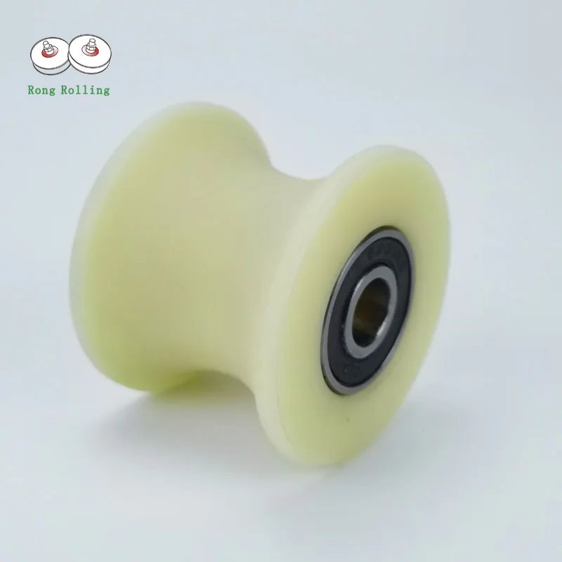 Sliding grooved nylon roller diameter 60mm,thickness 48mm,U-groove diameter 50mm,gate nylon wheel with double 6201RS bearings.