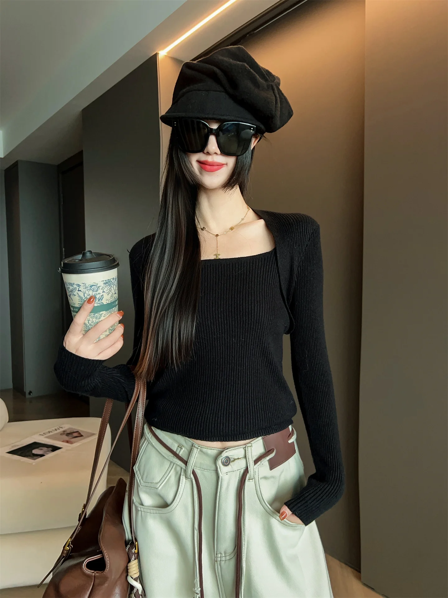 

Модный вязаный свитер, женский осенне-зимний облегающий базовый слой, универсальный, удобный, теплый, с квадратным воротником, ор...