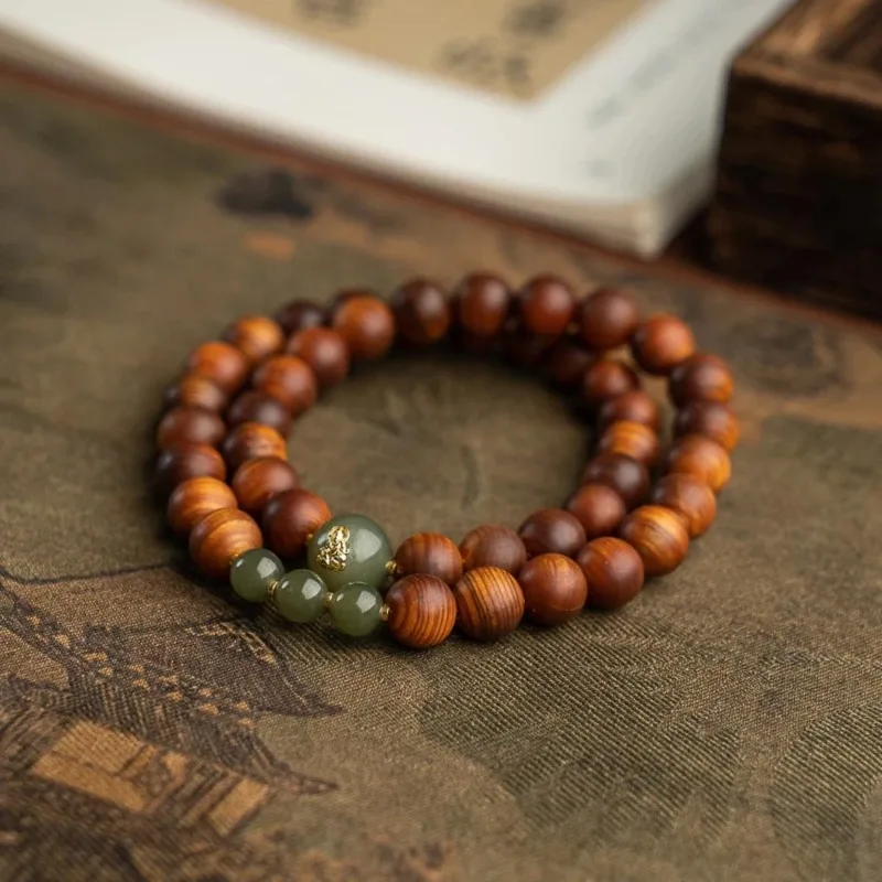 Natural Juniper Wood and Hetian Jade 8mm Double Loop Prayer Bracelet Harmonious Balancing Zen Inspired Unisex Spiritual Gift