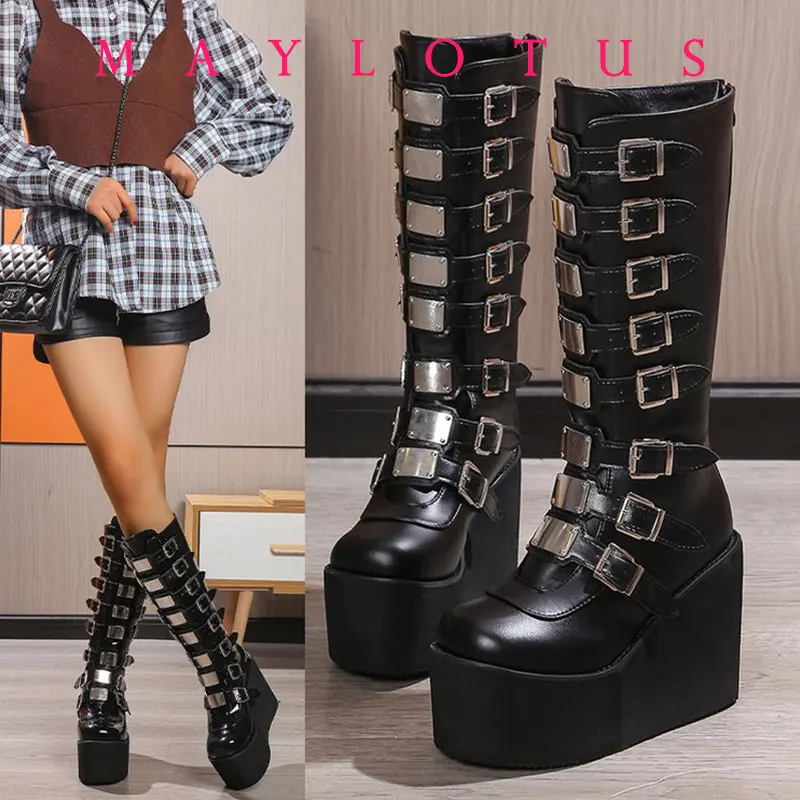 2025 New Punk Style Boots High Heel Platform Wedges Women High Boots Gothic Buckle Strap Long Tube Leather Female Boots