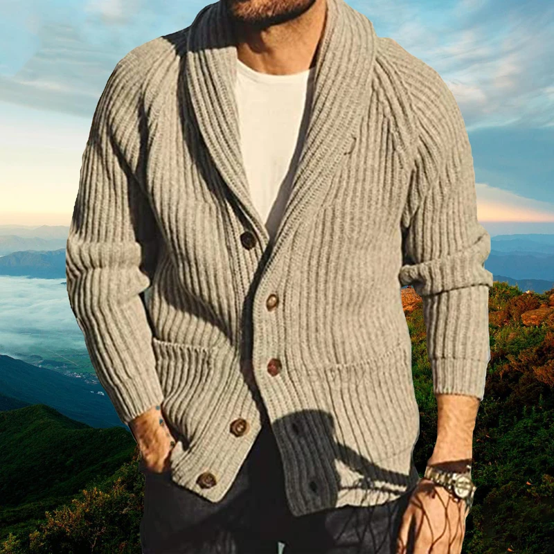 Winter Long Sleeve Autumn Lapel Button Knit Cardigan Casual Men Loose Jackets Vintage Geometric Pattern Jacquard Sweater Coat