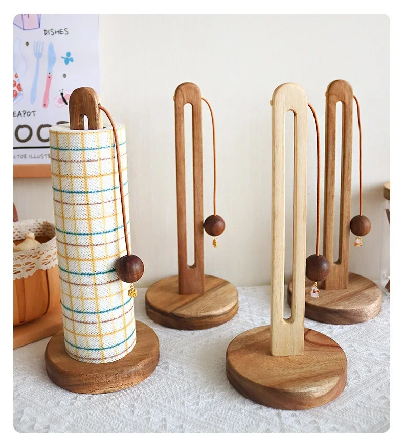 Easy Load Vertical Paper Roll Holder HeMu Durable Acacia Wood Paper Towel Stand For Kitchen Countertop Organization