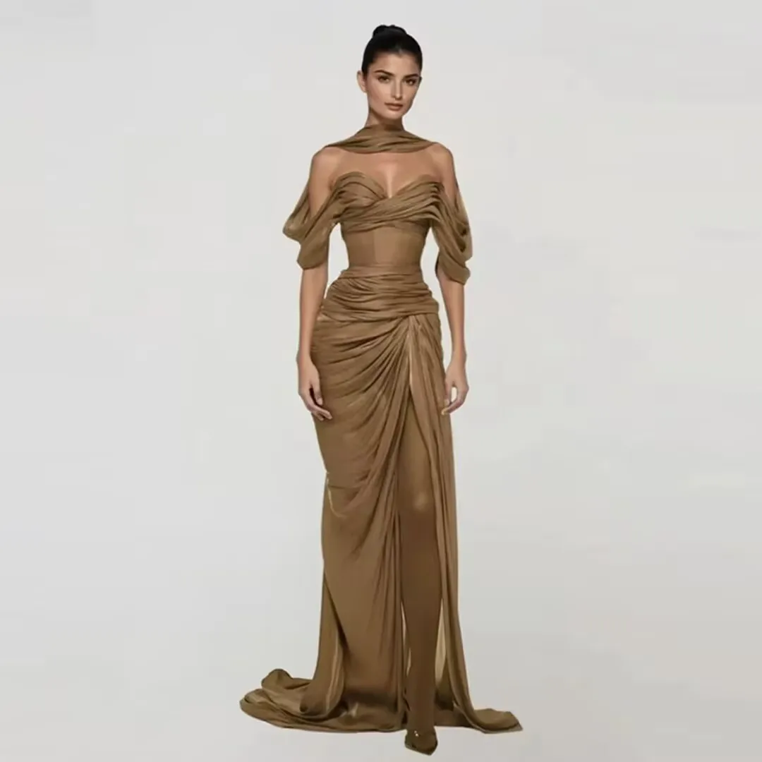 JEHETH Customized Off Shoulder Wrap Draped Brown Chiffon Elegant Formal Evening Dress vestidos de noche High Slit Slim Gowns