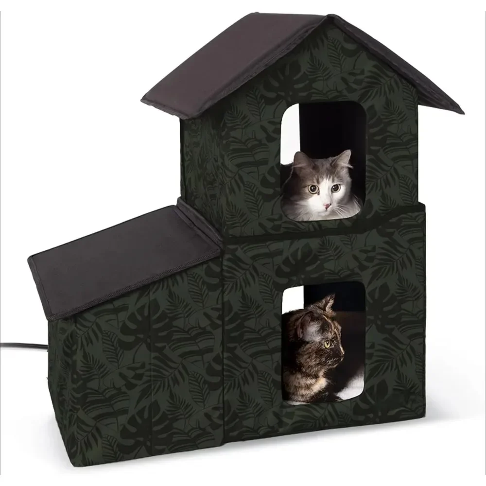 Pet Products Two-Story Outdoor Kitty House With Dining Room Heated Green Leaf 22 X 27 X 27 Inches.